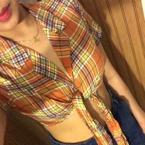 plaid self tie crop top